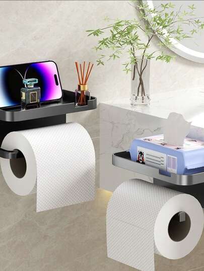 Portarrollos de papel higiénico con soporte para teléfono móvil, estantería de almacenamiento y acabado para baño, fácil de instalar | Decoración de baño moderna | Adecuado para ambientes húmedos, almacenamiento y acabado de baño