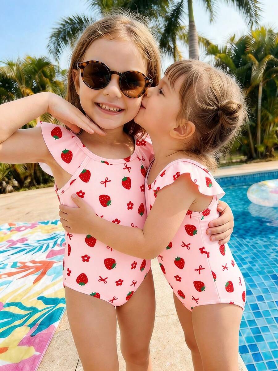 SHEIN Baby Girls' Casual Fitted Strawberry Print One-Piece Swimsuit, Suitable For Summer - Multicolor - View 1