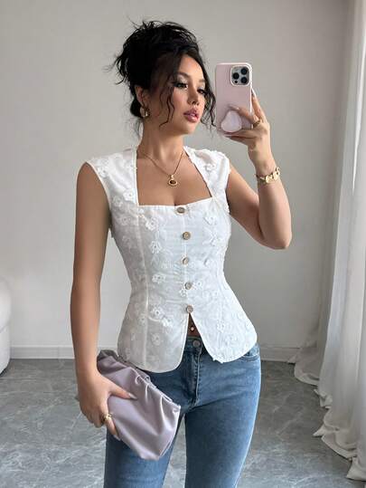 SHEIN PETITE Women's Summer Outing, Dating, Beach, Vacation, Bohemian, Western, Wedding, Music Festival Fashion Elegant Sweet French Charming Romantic Woven White 3D Floral Embroidery Square Neck Square Collar Vintage Button Waist Design Regular Blouse