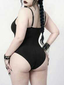 ROMWE Plus Size One-Piece Gothic Style Sexy Swimsuit - Black - View 2