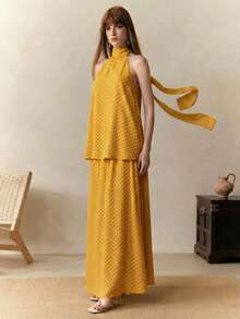 Arave 法式波点无袖上衣和半裙套装，适合通勤和度假 - 黃色 - 查看 4