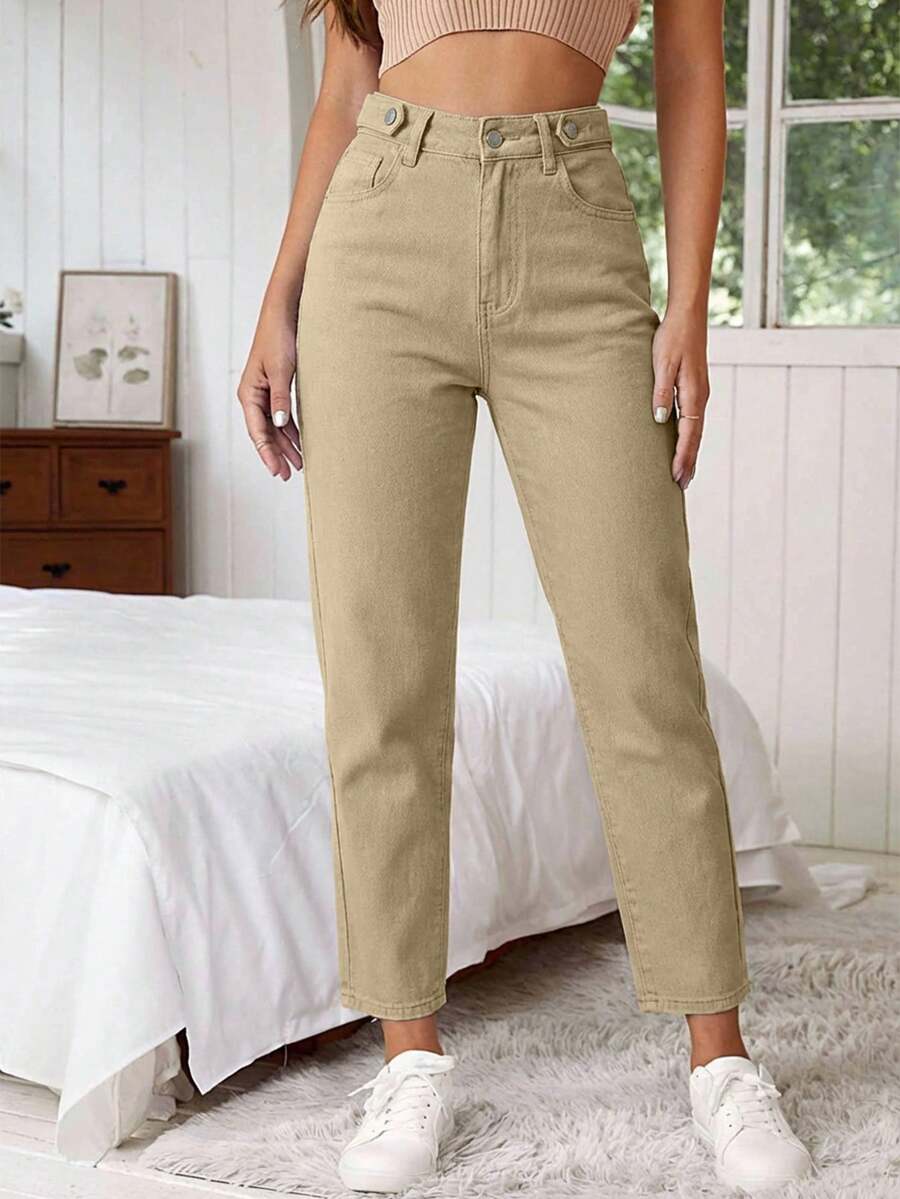 EURMUSE 女士休闲日常通勤简约百搭纯色高腰紧身牛仔裤 - 杏色 - 查看 1