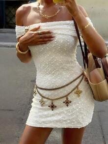 Firerie 女士优雅简约浪漫假日派对婚礼宾客伴娘生日聚会约会度假海滩露肩金属装饰针织纹理修身迷你连衣裙，杏色 - 杏色 - 查看 3