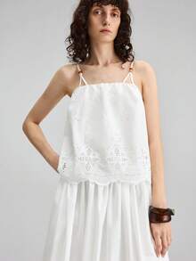 Ontre Women White Summer 2-Piece Set, Embroidered Hollow Woven Fabric, Elegant Tropical Boho Vacation Style Beaded Camisole Top Pleated A-Line Skirt - White - View 5