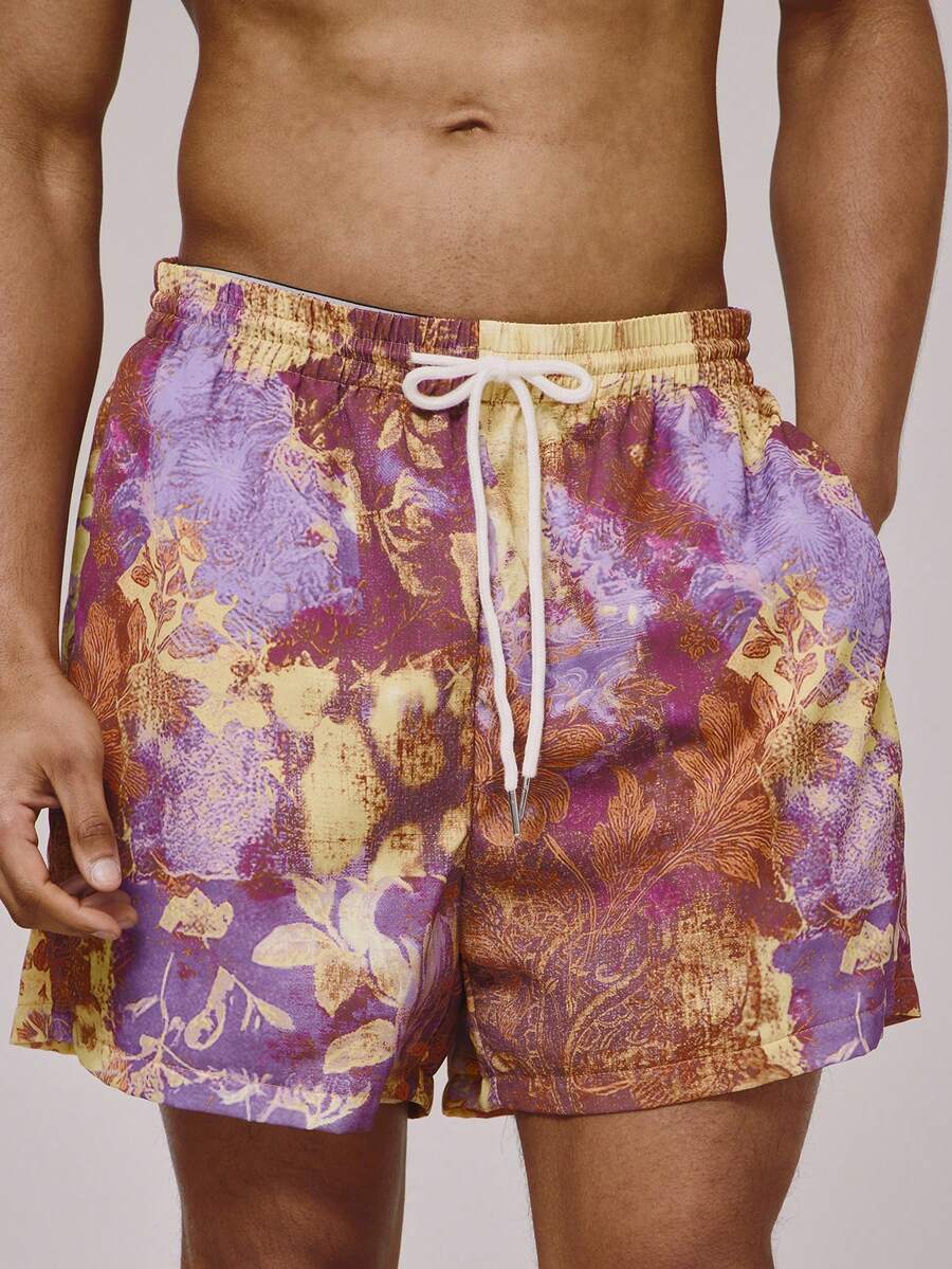 Musero 全印花弹力抽绳腰带泳裤，带口袋细节，春夏必备泳池沙滩泳装 - 彩色 - 查看 1