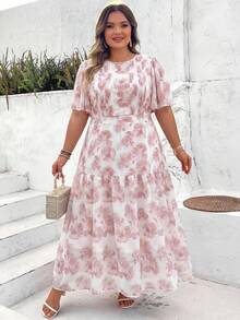SHEIN CURVE+ Đầm xòe thanh lịch, eo nhún họa tiết hoa dành cho nữ cỡ lớn, thích hợp cho các buổi hẹn hò và tiệc tùng. - Hồng - Xem 5