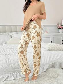 Contrast Color Casual Print Short Sleeve & Pants Women Pajama Set - Khaki - View 5