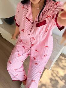 Napfluff CURVE Napfluff CURVE Bộ đồ ngủ cỡ lớn phối màu, cổ bèo nhún, nơ, tay ngắn, kẻ sọc, đồ ngủ kẻ sọc ngang, bộ đồ ngủ nơ, bộ đồ ngủ nữ, họa tiết nơ sọc đỏ, thích hợp mặc ở nhà. - Đỏ - Xem 4