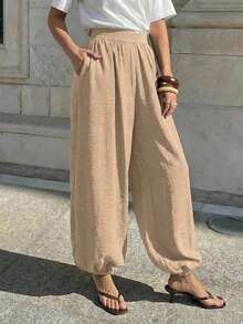 Lavishia Women's Casual Balloon Pants, Comfortable & Versatile Coffee Color Long Pants, Spring/Summer - Khaki - View 8