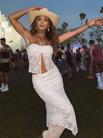 Easelle Vintage Bohemian Lace Camisole Top And Asymmetric Hem Skirt Set For Women