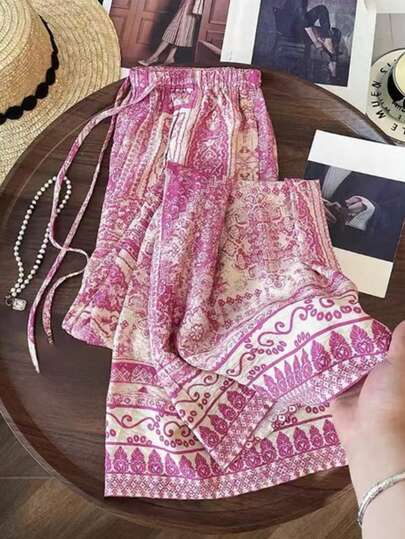 SHEIN Franclia Elegant Elastic Waist Loose Straight Leg Printed Women's Pants, Suitable For Spring, Summer, Autumn And Winter, Suitable For Vacation, Commuting And Daily Wear, Showing Elegant Elegant, Suitable For Party, Beach, Elegant Casual, Romantic, Suitable For Dates, Fashion Casual Commuting, Versatile, Women's Summer Pants, Beach Resort Outfit