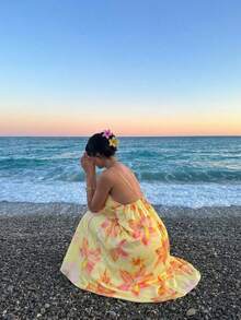 Firerie 女士纯色休闲吊带露背印花宽松夏威夷度假连衣裙，奶油黄 - 彩色 - 查看 10