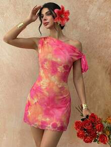 Firerie Women's Pink Floral Summmer 70s Party Mesh Mini Dress, Asymmetric Neck One Shoulder Bodycon Dress,Elegant Vacation Beach Hawaii Graduation Prom - Coral Pink - View 3