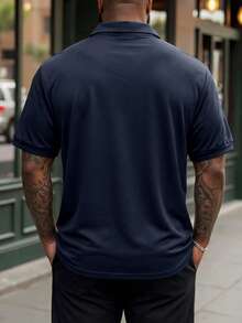 Manfinity Homme Men's Plus Size Solid Color Button-Up Short Sleeve Polo Shirt, Summer Casual - Navy Blue - View 3