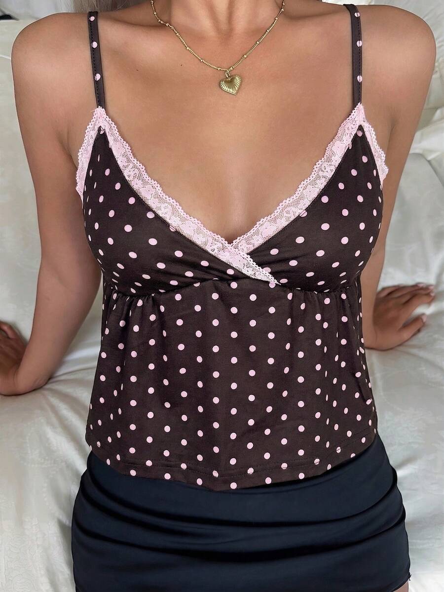 CovetEZ 女士春夏休闲吊带背心,春夏上衣,棕色波点撞色粉色蕾丝吊带背心,圣诞上衣,波点上衣,甜美波点上衣,棕色波点蕾丝拼接吊带背心 - 棕色 - 查看 1