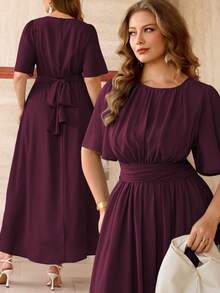 Roveilla Zanzea Plus Size Summer Burgundy Winter Elegant Wedding Maxi Dress,French Round Neck Chiffon Gathered Waist Layered Ruffle Hem Long Dress - Red Violet - View 7