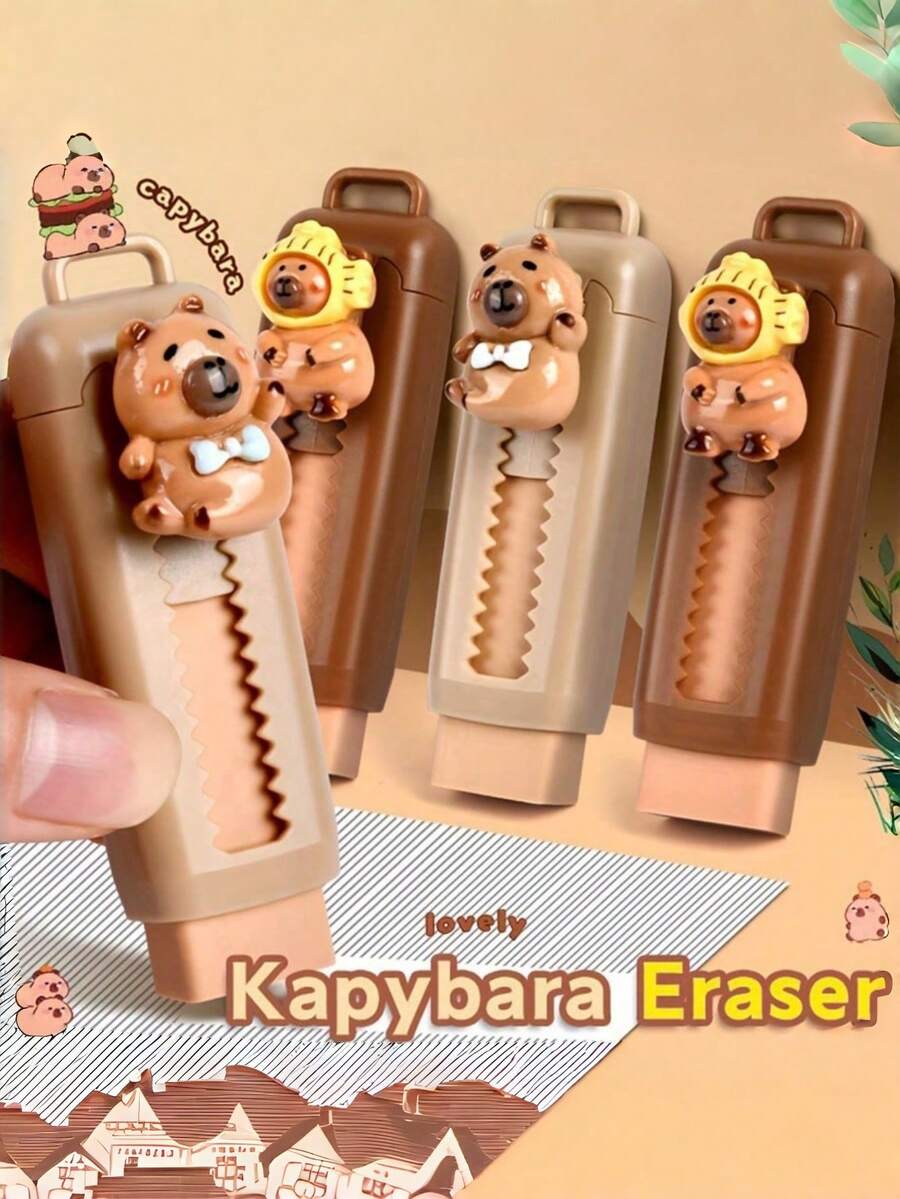水豚可爱推拉橡皮擦，便携式滑动橡皮擦，适用于作家、艺术家办公用品文具套装，趣味创意派对小礼物，美观桌面配件，可爱办公必备 - 彩色 - 查看 1
