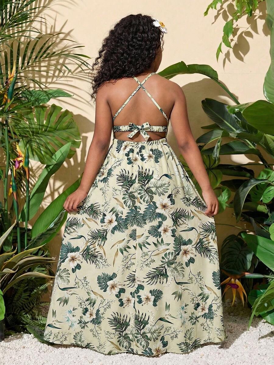Tween-Mädchen Lässig Urlaubs Tropisch Blumen Muster Kreuz-Rücken Kleid - Verschiedenfarbig - Übersicht 1
