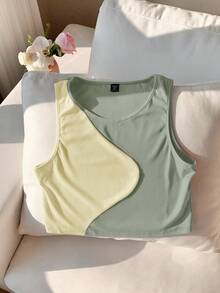 Comfortcana Áo tank top cỡ lớn cổ tròn phối màu tương phản, kiểu dáng thường ngày, thích hợp cho mùa hè. - màu xanh lá - Xem 4