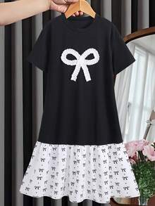 SHEIN Cute Black And White Summer Dress For Tween Girl,Back-To-School School Wear,Short-Sleeve Loose Fit With 3D Ruffled Bow And Mini Bow Print Ruffled Hem - Black - View 5