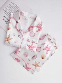 SHEIN Bộ đồ mặc nhà 2 món màu hồng cổ điển dành cho nữ tuổi teen, gồm áo khoác cardigan dài tay in họa tiết vỏ sò và quần dài. - Nhiều màu - Xem 5