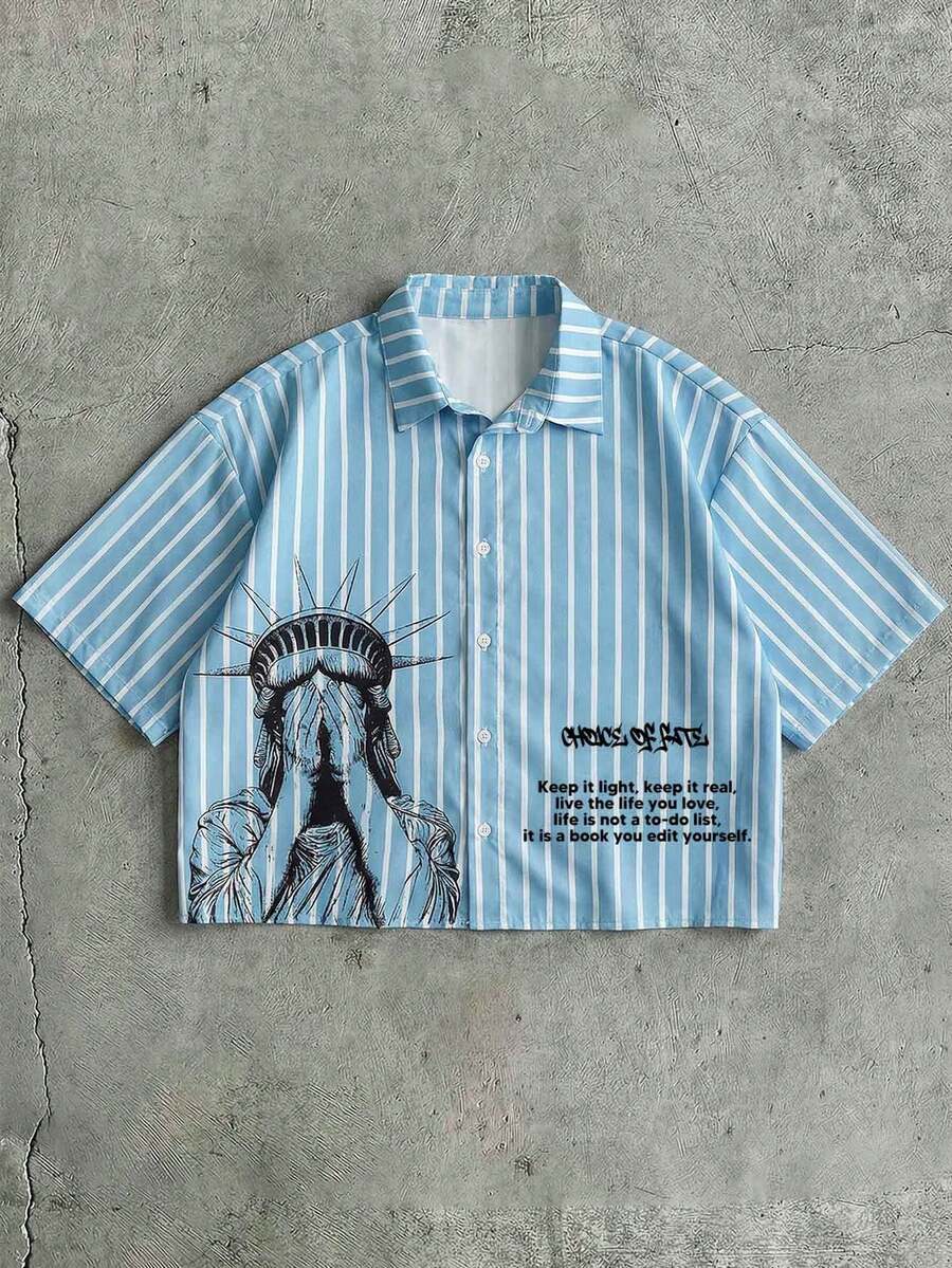 AXEPEAK Camisa de manga corta con botones delanteros, estampado de rayas y escultura, de estilo casual de verano para hombres - Multicolor - Ver 1