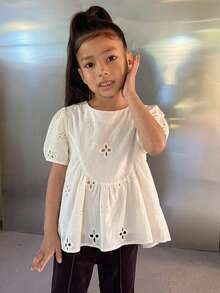 Dazy Kids Tween Girls Embroidered Hollow Puff Sleeve Shirt With Peter Pan Collar,Back To School Clothes Vacation - Beige - View 2