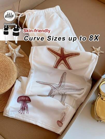 SHEIN CURVE+ Plus Size Women Starfish Print Drawstring Waist Wide Leg Loose Pants