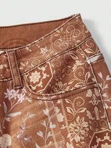 ROMWE Grunge Punk 复古嬉皮风撞色印花超低腰喇叭牛仔裤 - 棕色 - 查看 4