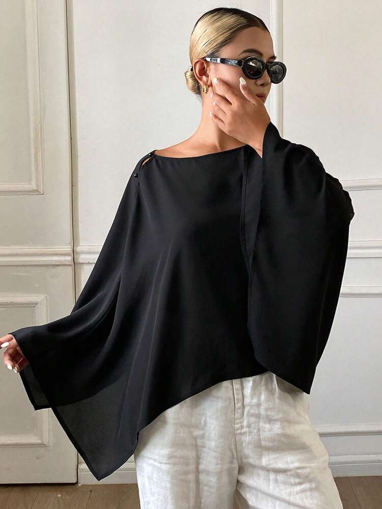 Women's Loose Solid Color Asymmetrical Shoulder Chiffon Cover Up, Summer Vacation Top