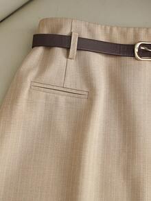 Franclia Chân váy nữ thời trang mới, kiểu dáng thường ngày, kẻ sọc kaki, có thắt lưng, đa năng, thích hợp cho công sở, mùa xuân/hè, trang phục công sở cho giáo viên thành thị, chân váy chữ A đa năng cho nữ, chân váy mùa hè, chân váy mùa xuân. - Màu Khaki - Xem 3