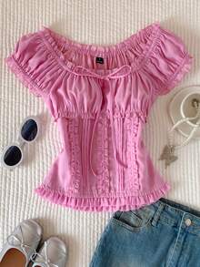 Comfortcana 女士纯色荷叶边前系带短袖休闲衬衫 - 藕粉色 - 查看 5