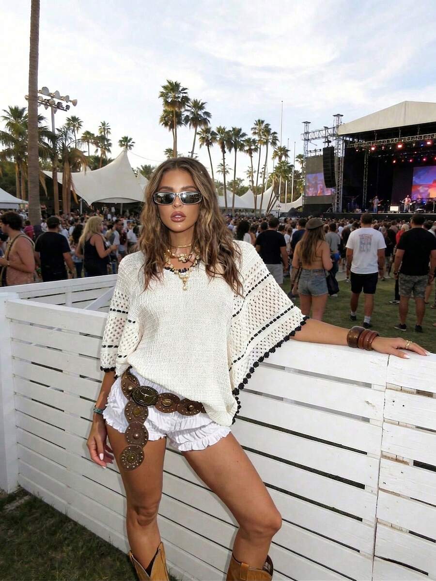 Loose Knit Beach Cover-Up, Casual Batwing Sleeve Hollow Out Cover Up Top