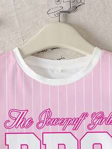 THE POWERPUFF GIRLS X SHEIN 少女圆领条纹字母卡通印花休闲百搭日常短袖T恤 - 白色 - 查看 4