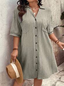 Breezaya Plus Size Women Solid Color Drop Shoulder Single-Breasted Casual Shirt Dress - Khaki - View 3