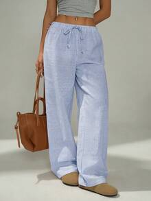 SHEIN Tall CURVE 大码女式抽绳腰带条纹休闲百搭阔腿裤，适合日常穿着 - 藍白色 - 查看 5