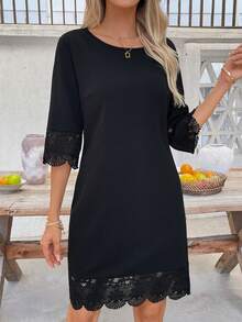 SHEIN Clasi 女士夏季蕾丝边短款连衣裙，优雅通勤休闲百搭连衣裙 - 黑色 - 查看 5