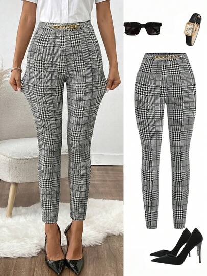SHEIN Clasi Quần âu ôm vừa vặn họa tiết kẻ caro dành cho nữ