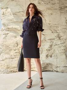 MOTF PREMIUM SOLID BUCKLE BELTED SPLIT BACK PENCIL SKIRT - Blue - View 6