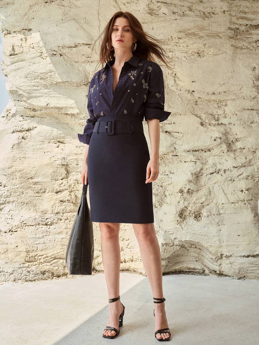 MOTF PREMIUM 实心搭扣腰带开衩后背铅笔裙 - 藍色 - 查看 1