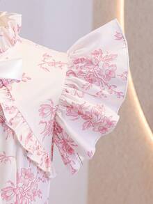 Tween Girls' Elegant Floral Print 2 In 1 Flutter Sleeve Bow Decor Long Dress, Suitable For Vacation, Party And Gathering - Pink - View 5