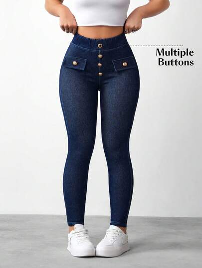 Flexra 女士休闲通勤金属纽扣装饰松紧腰修身牛仔裤