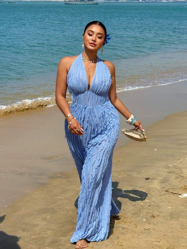 Sunnyshic Bộ jumpsuit đi biển gợi cảm cỡ lớn, cổ chữ V, dây buộc cổ, hở lưng, chất liệu xuyên thấu. - Màu xanh lam - Xem 5