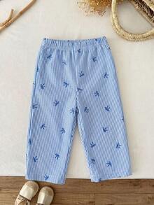 SHEIN Baby Girls' Cute Minimalist Bow Striped Print Casual Pants, Suitable For Outdoor Spring/Autumn - Blue - View 2