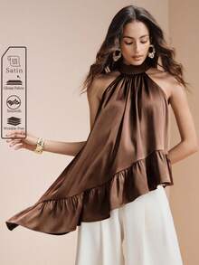 Arave 女士宽松立领无袖不对称荷叶边下摆休闲通勤上衣 - 咖啡棕 - 查看 3