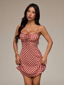 SHEIN PETITE 红色格子系带迷你连衣裙（女款） - 彩色 - 查看 3