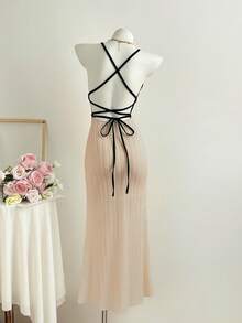 Elamini Women's Apricot Textured Jacquard Deep V-Neck Backless Fitted Maxi Casual Vacation Dress - Khaki - View 2