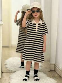 Young Girl Stripe Polo Collar Short Sleeve Casual Dress - Black and White - View 3