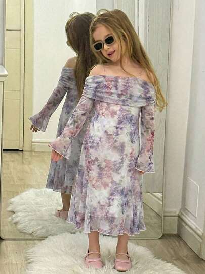 Dazy Kids Young Girl Casual Vacation Floral Print Ruched Foldover Cold Shoulder Flare Sleeve Fishtail Hem Dress, Spring/Summer/Autumn