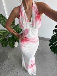 RiviMae 优雅修身鱼尾V领褶裥网纱印花连衣裙，春夏款 - 彩色 - 查看 7